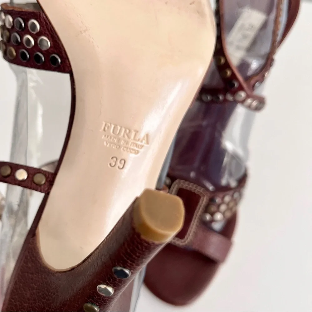 Furla Brown Leather Studded Strappy Heeled Sandals, Size 39